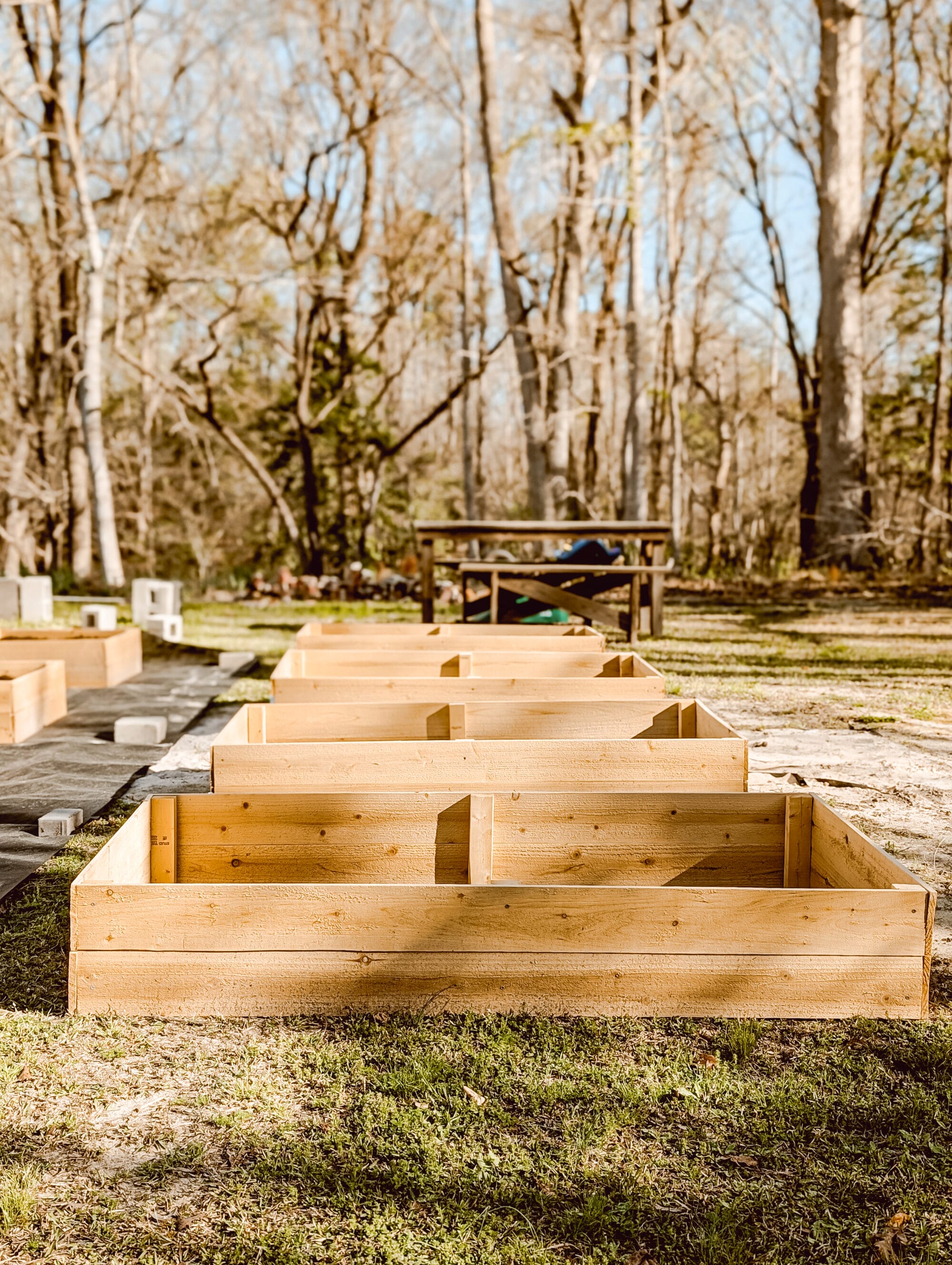 4 raised cedar garden beds built out of fence pickets and a 2 x 4