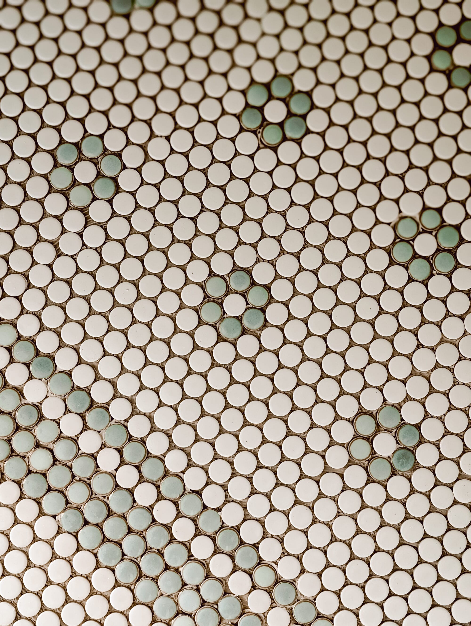 mint green and white penny tile floors with a daisy pattern and a double border in our new old cottage guest bathroom