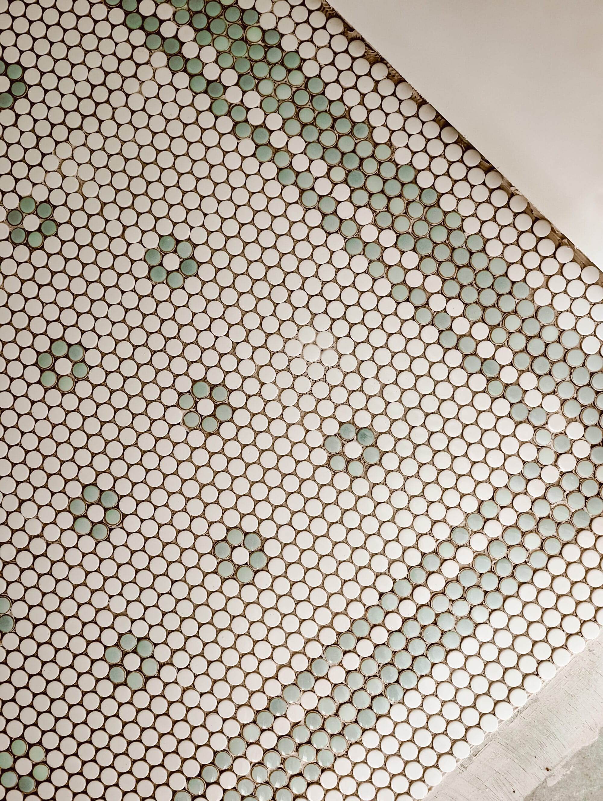 mint green and white penny tile floors with a daisy pattern and a double border in our new old cottage guest bathroom
