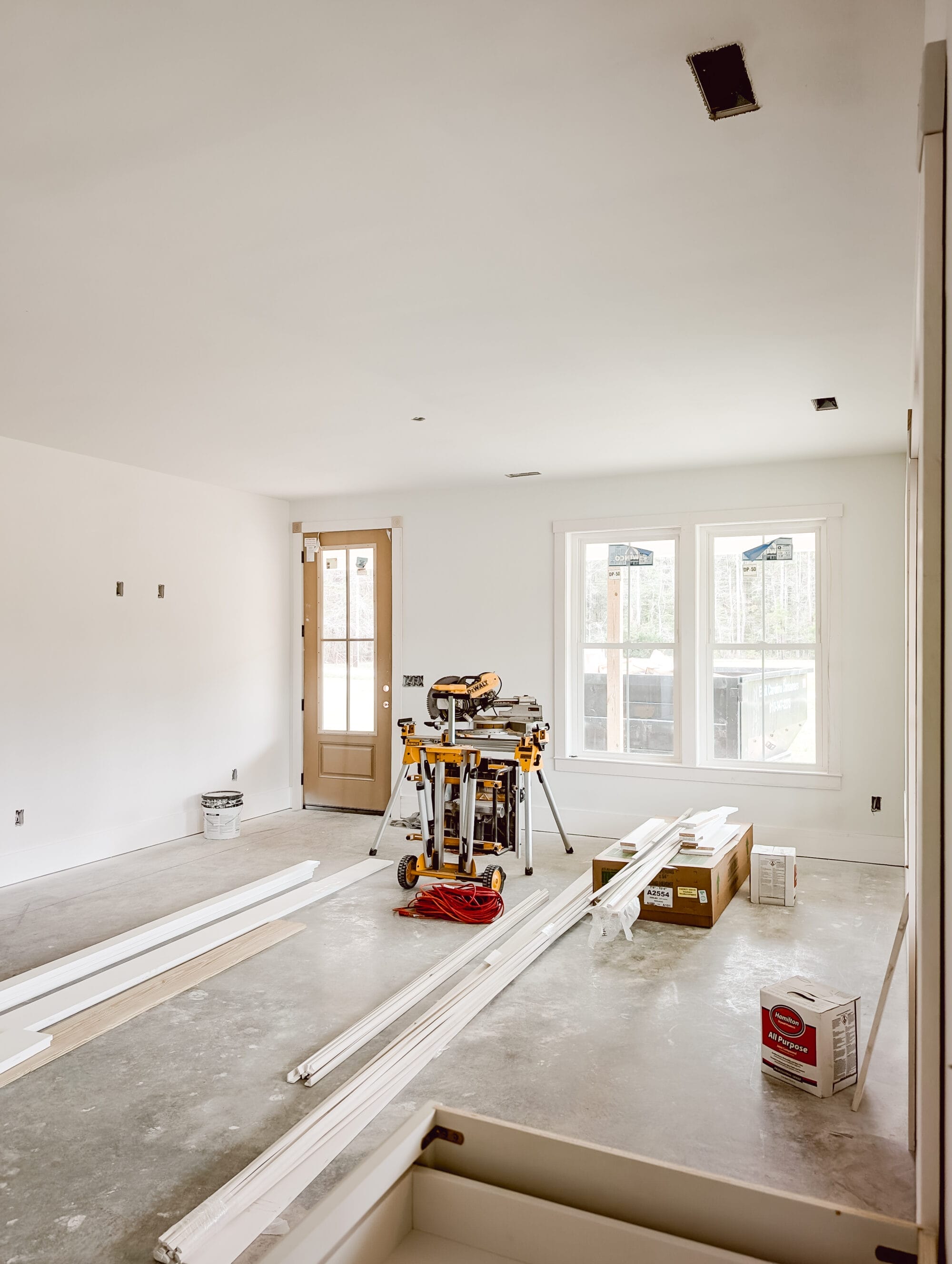 unfinished living room inside our 2 bedroom, 2 bath new old cottage
