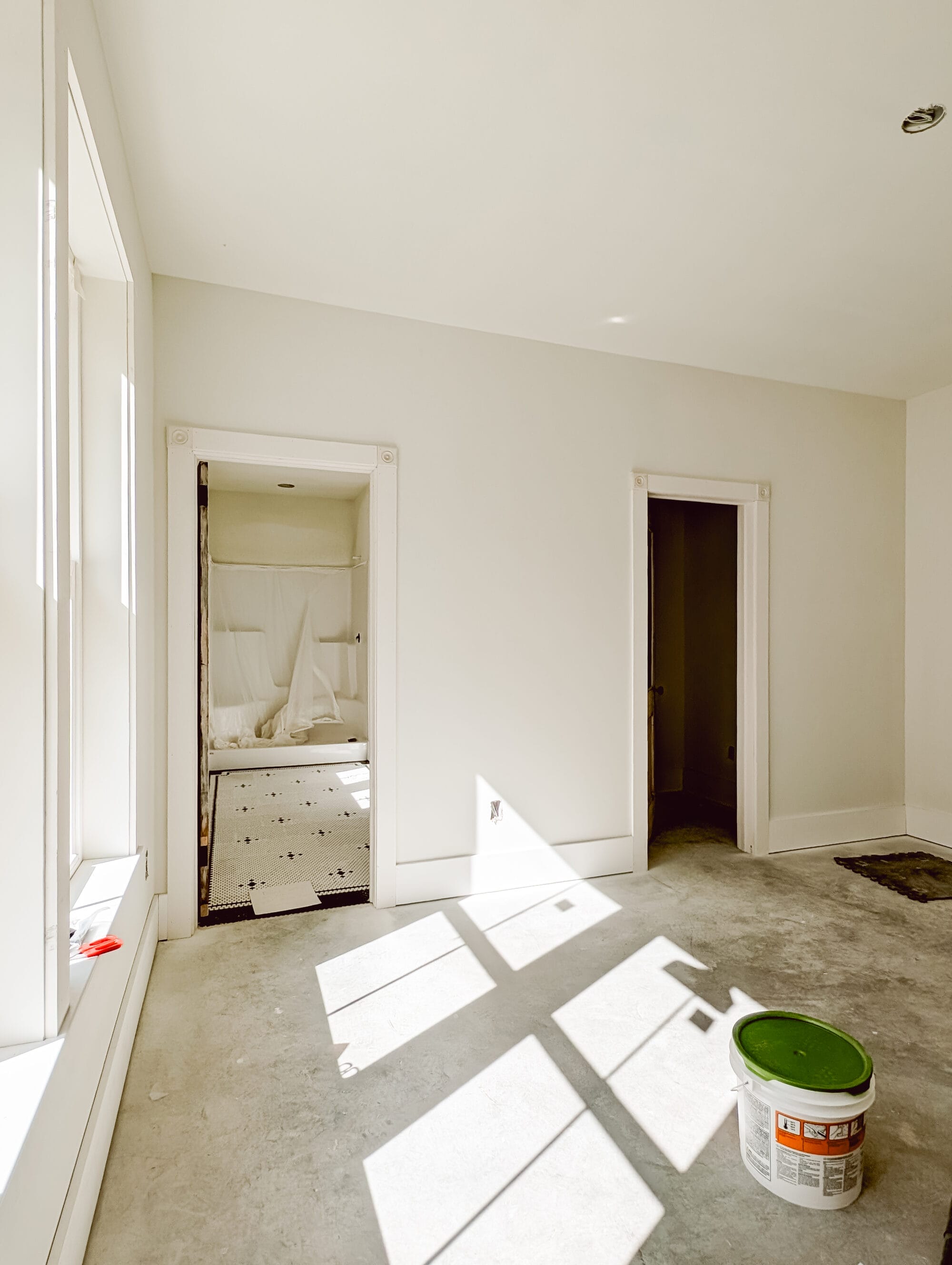 looking at the primary bathroom doorway and the walkin closet door way from the bed wall