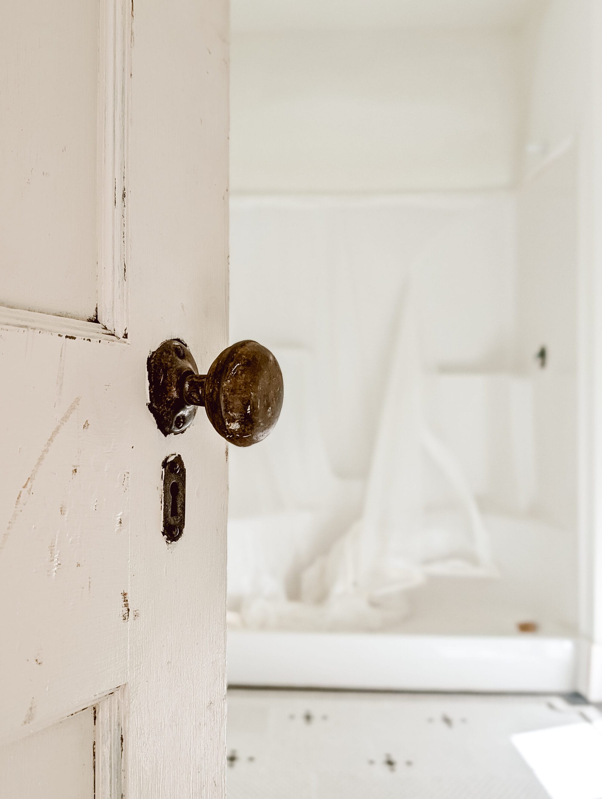 details of our antique bathroom door with the vintage black and white penny tile blurred out in the background