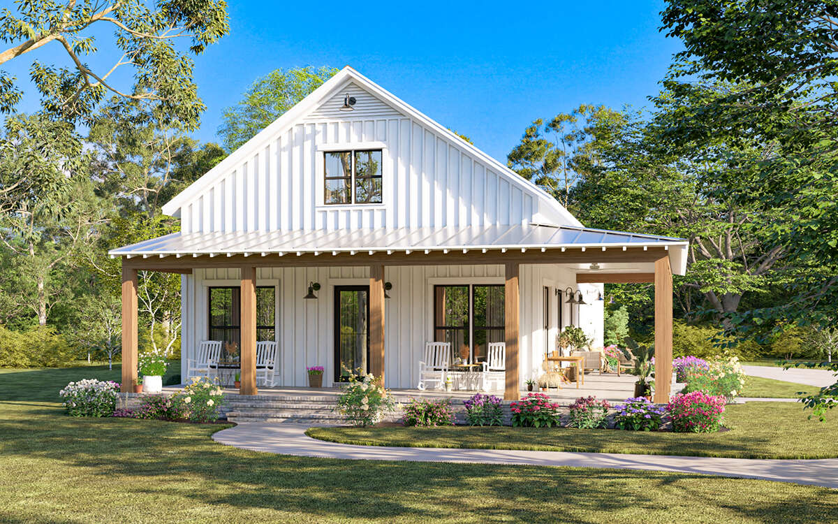exterior rendering of a white cottage with board and batten siding and a wraparound porch from Barn Plan 041-00348 by America's Best House Plans