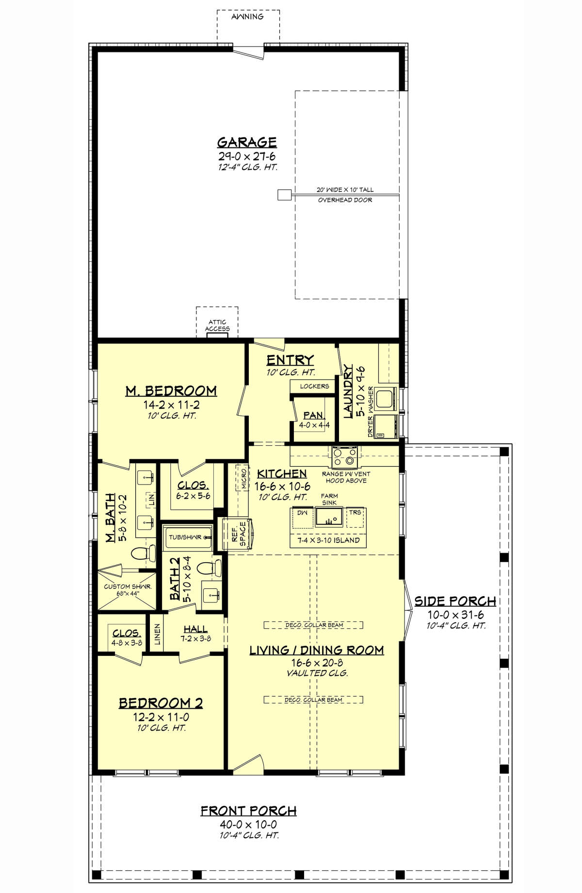 floor plan of a 2 bedroom 2 bathroom cottage with an open concept living space and a wraparound porch from Barn Plan 041-00348 by America's Best House Plans