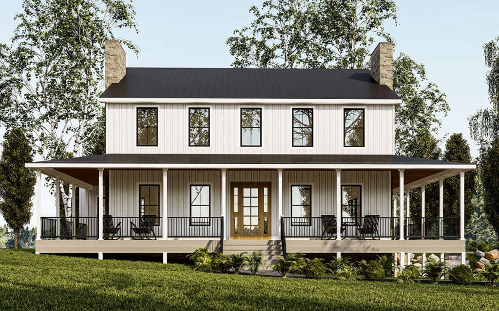 2 story modern farmhouse with long front porch and 2 fireplaces with new old house potential