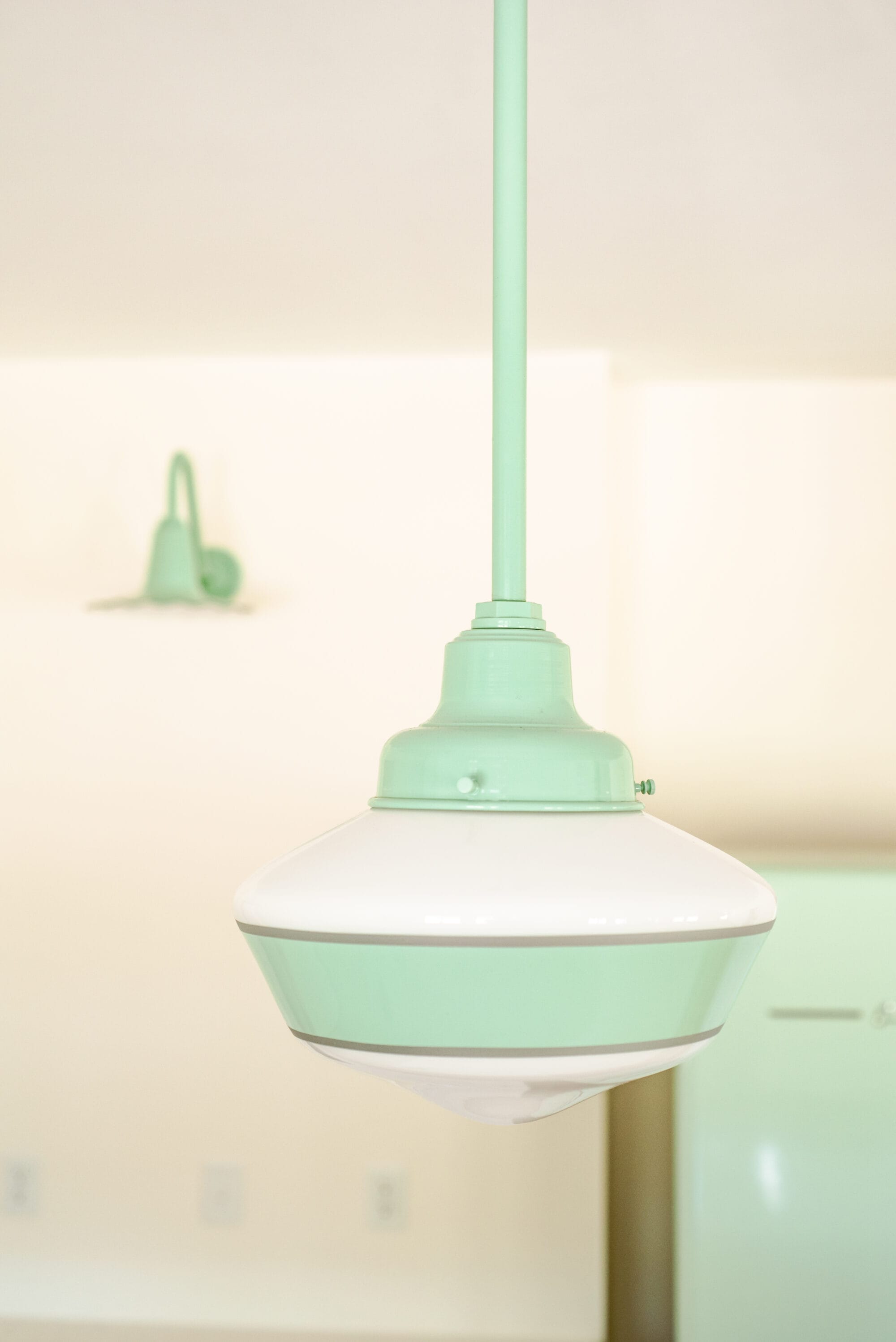 green and white primary schoolhouse pendant light from Barn Light Electric