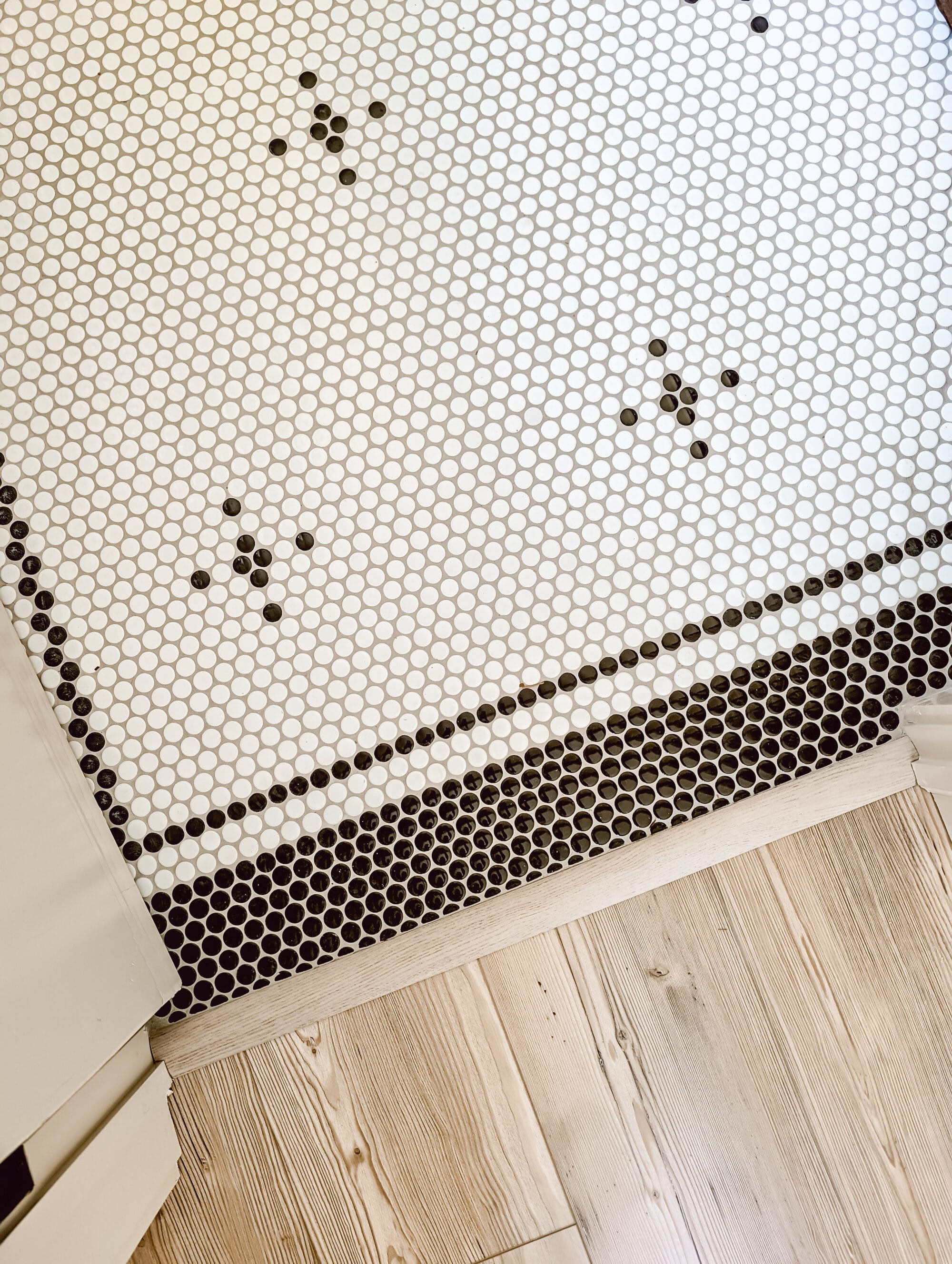 classic black and white penny tile with double border and gray grout