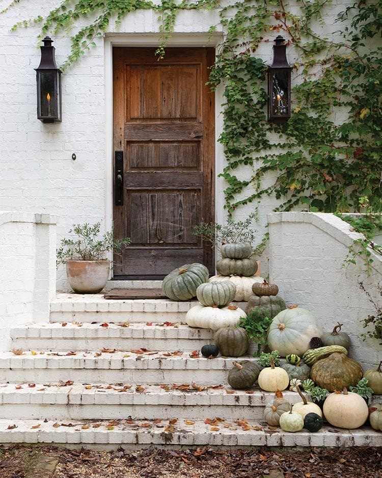 green and white pumpkins arranged on one side of white painted brick steps on a white painted brick house covered in ivy