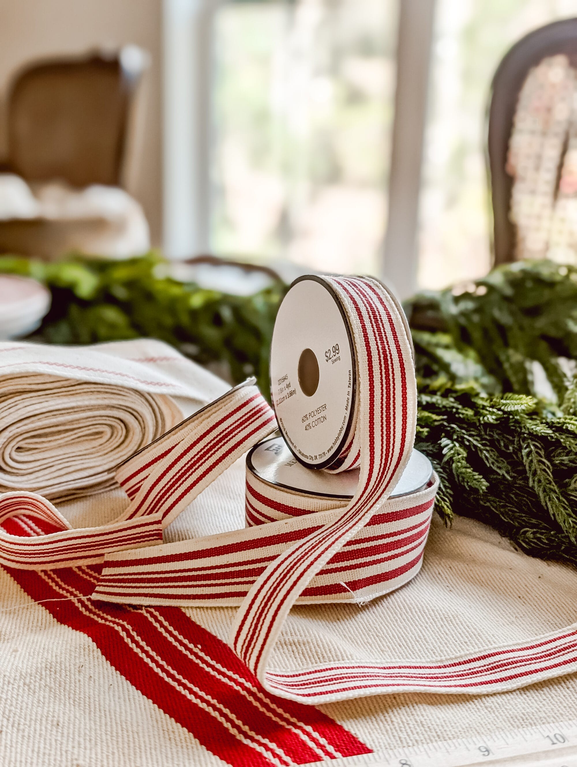 rolls of red and white farmhouse grainsack stripe ribbon