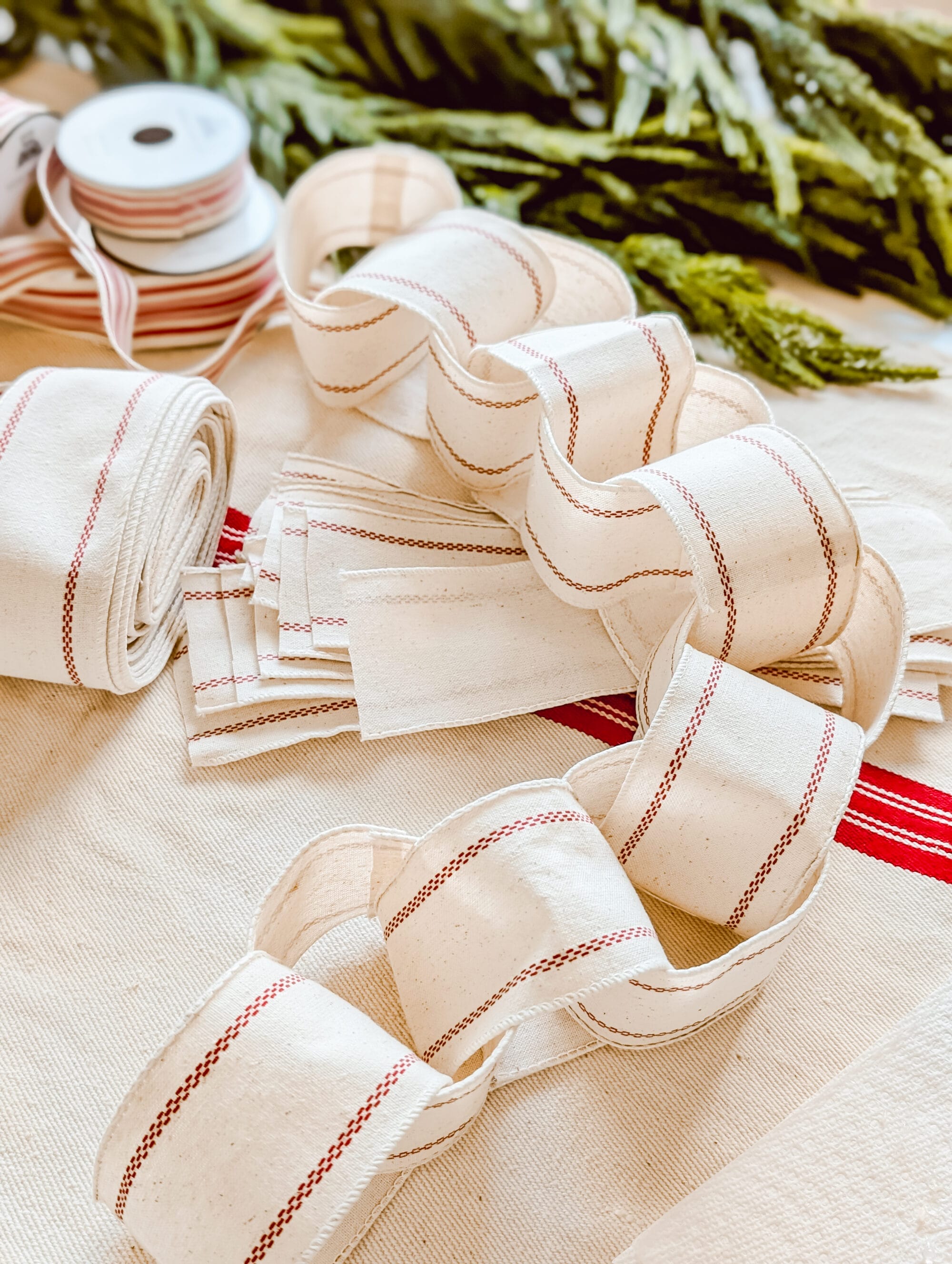 red striped grainsack ribbon turned into a ribbon chain garland