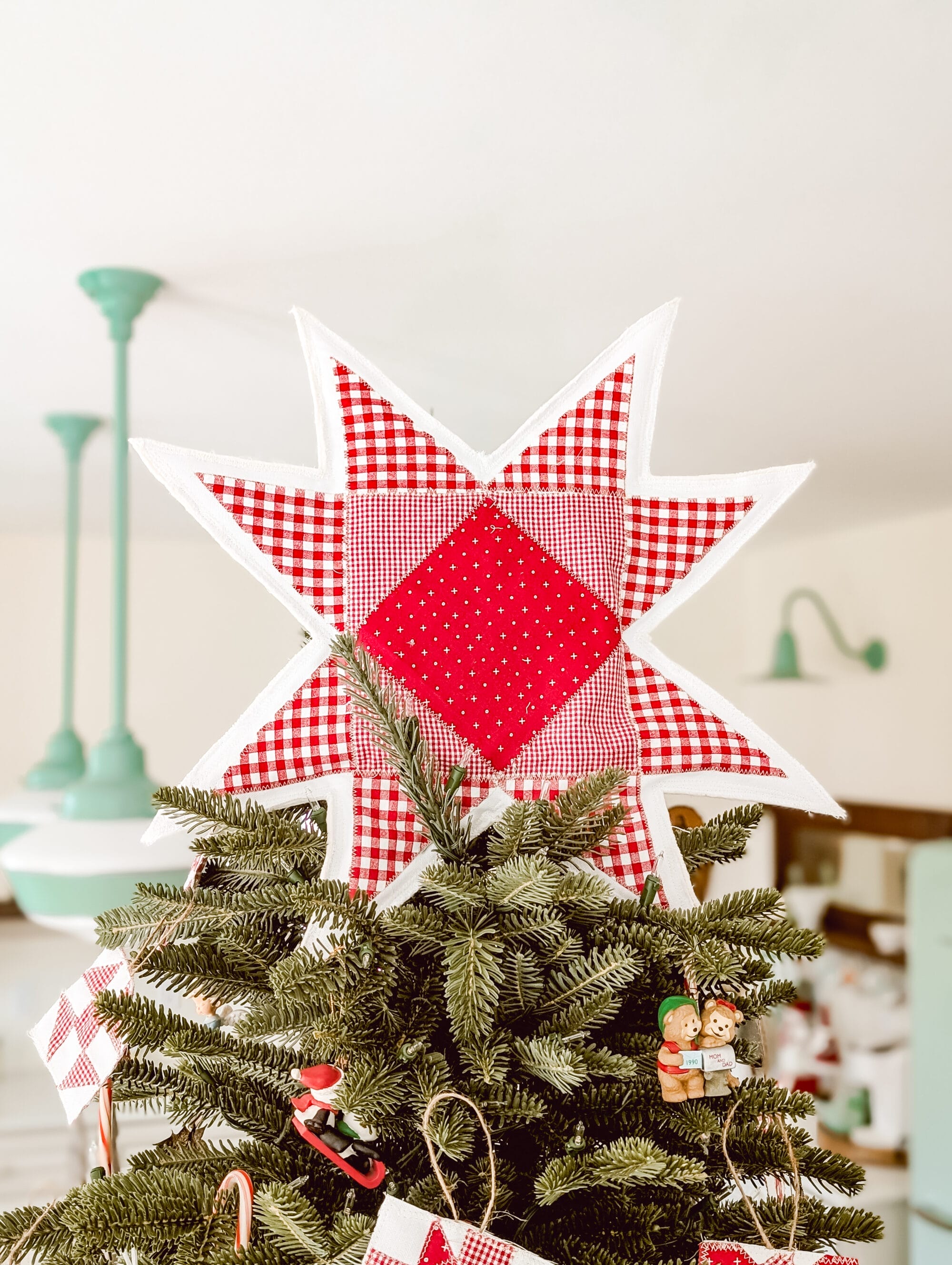hand-made, hand-sewn red and white Ohio Star quilt block Christmas tree topper