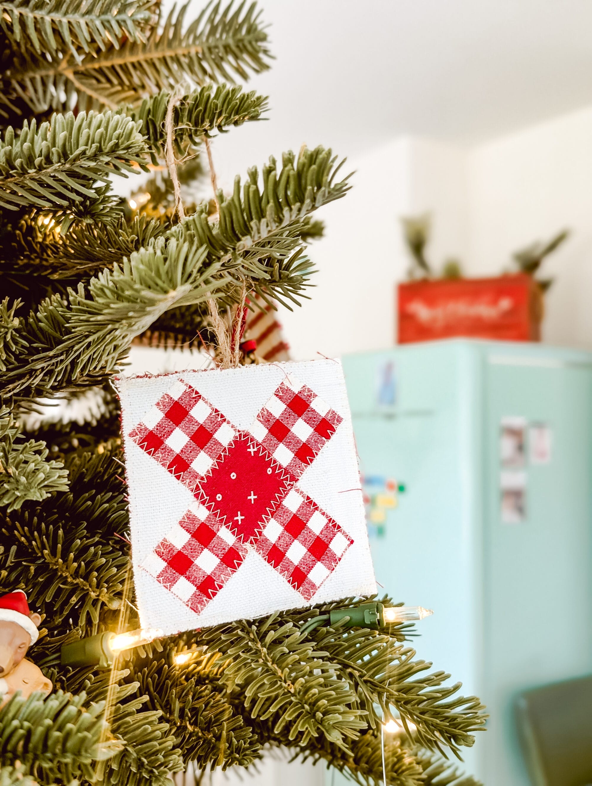 hand-made red and white quilt block Christmas ornament