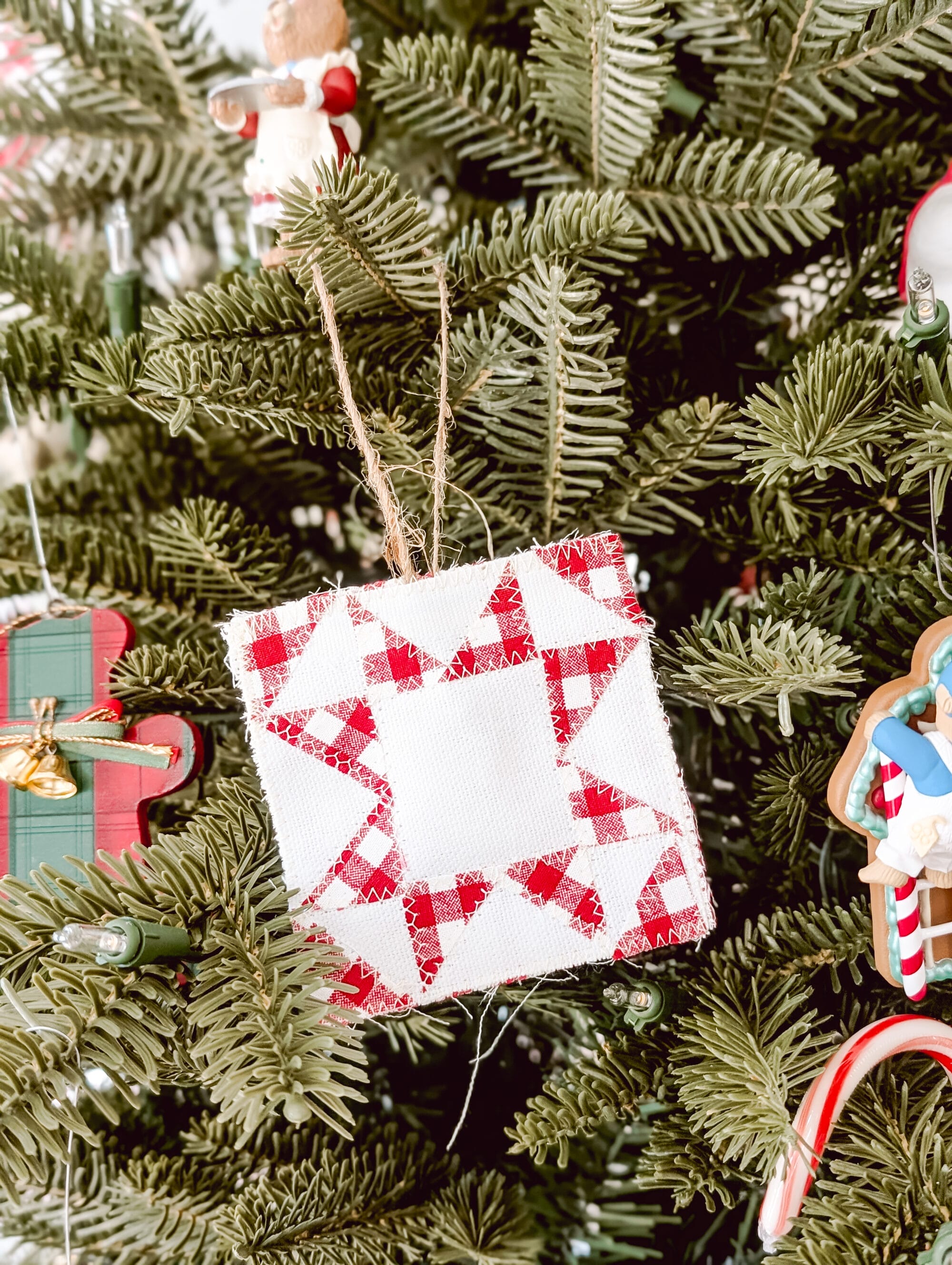 hand-made red and white Ohio star quilt block Christmas ornaments