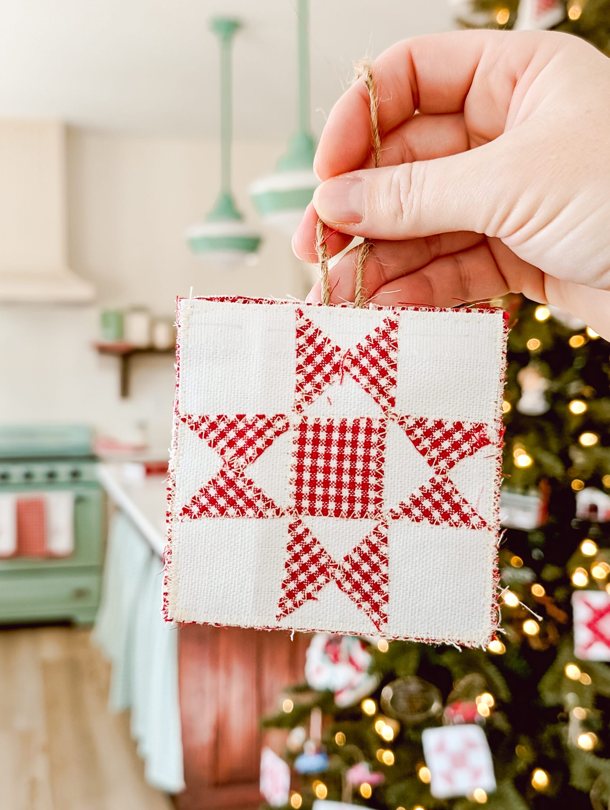 hand-made red and white Ohio star quilt block Christmas ornaments