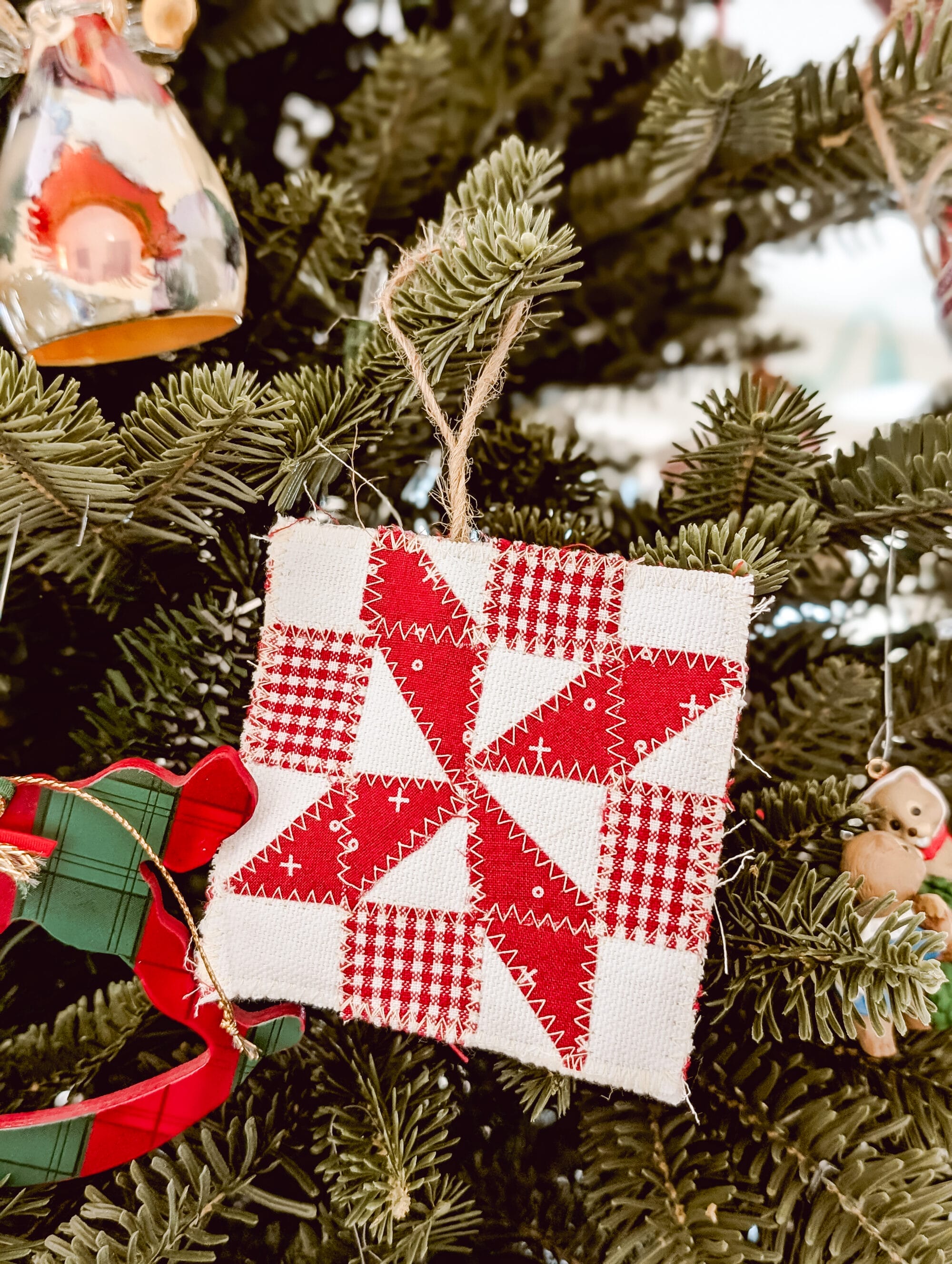 hand-made red and white quilt block Christmas ornament