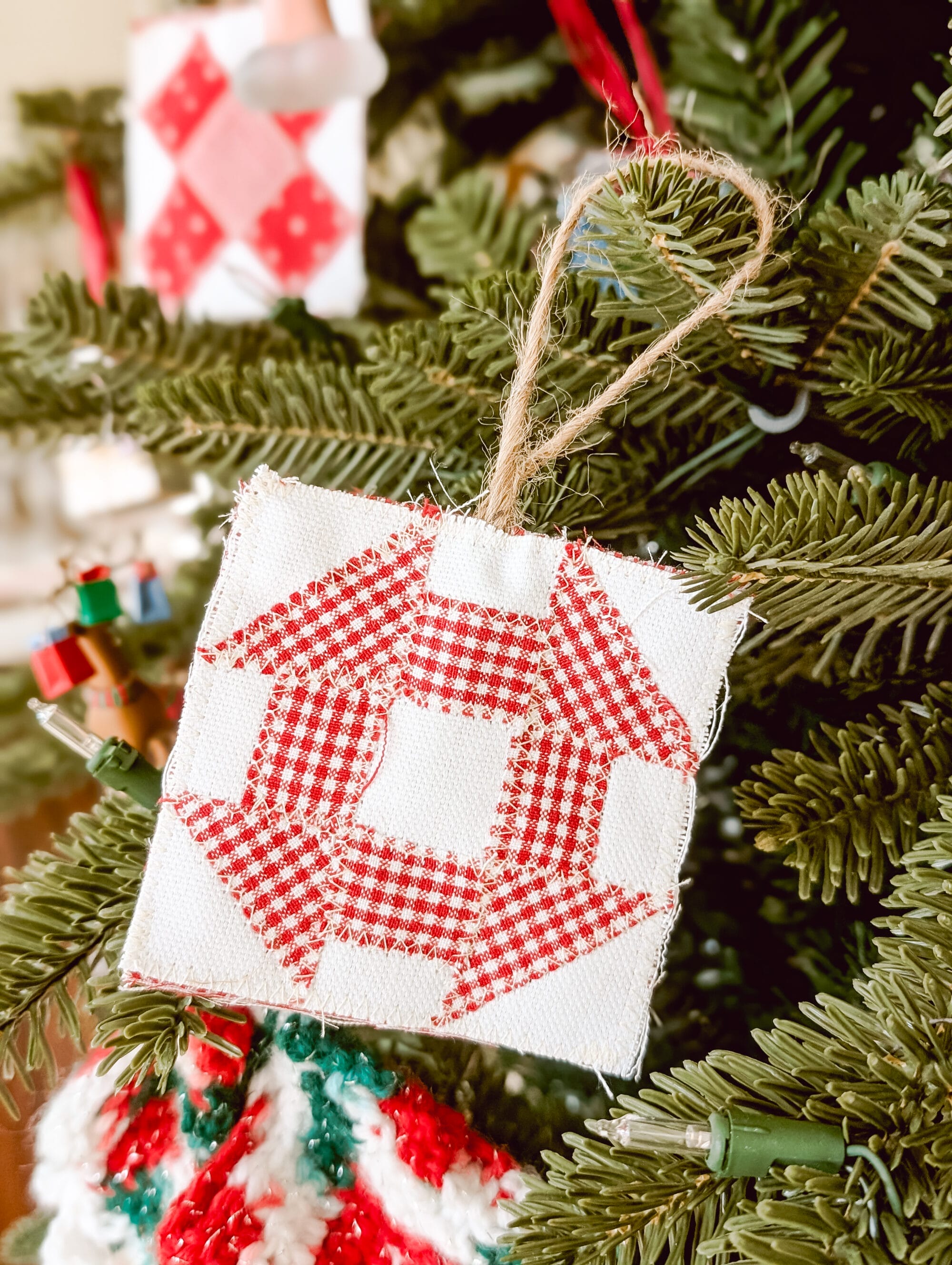 hand-made red and white quilt block Christmas ornament